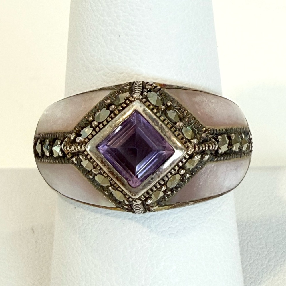 Vintage Estate Sterling Silver Amethyst Marcasite Mother of Pearl Ring size 8.5